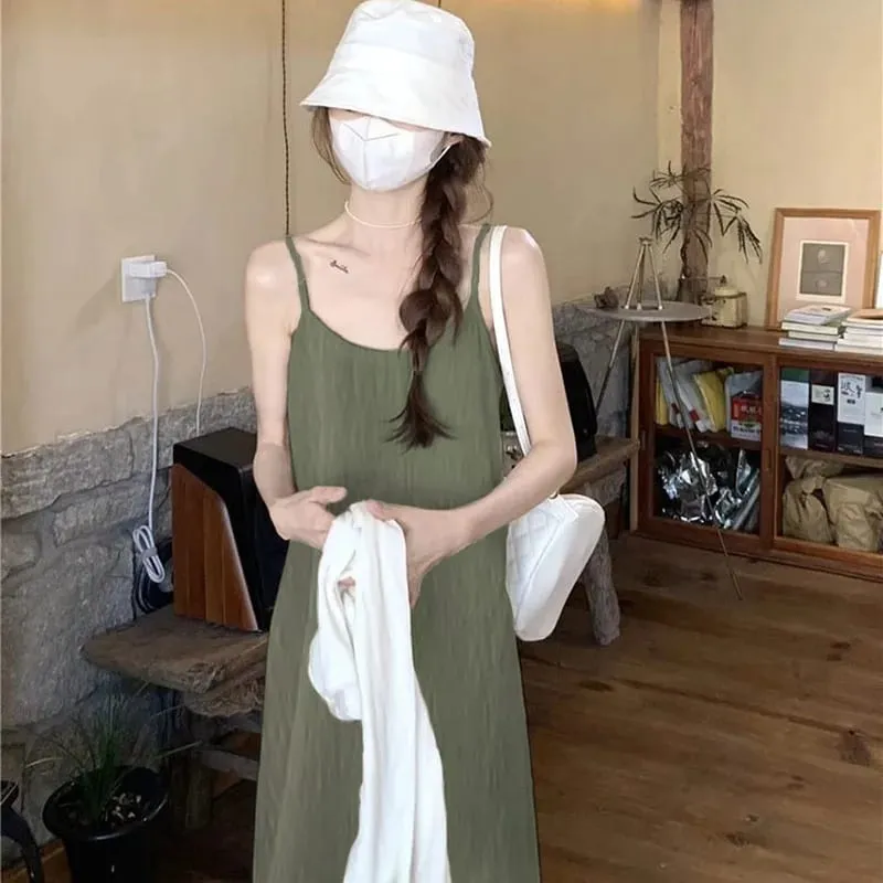 Verão plissado cami vestido emagrecimento estilo preguiçoso francês sexy cabido luxuoso vestido longo para mulheres venda quente versátil