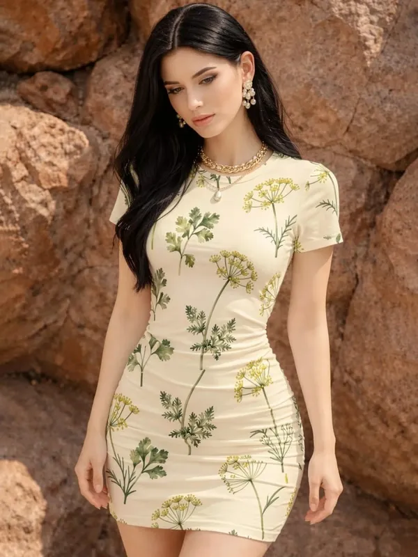 Womens Short Sleeve Bodycon Mini Dress Slim Fit Crew Neck Floral Print Casual Summer Party Fashion Lightweight Clubwear Sundress