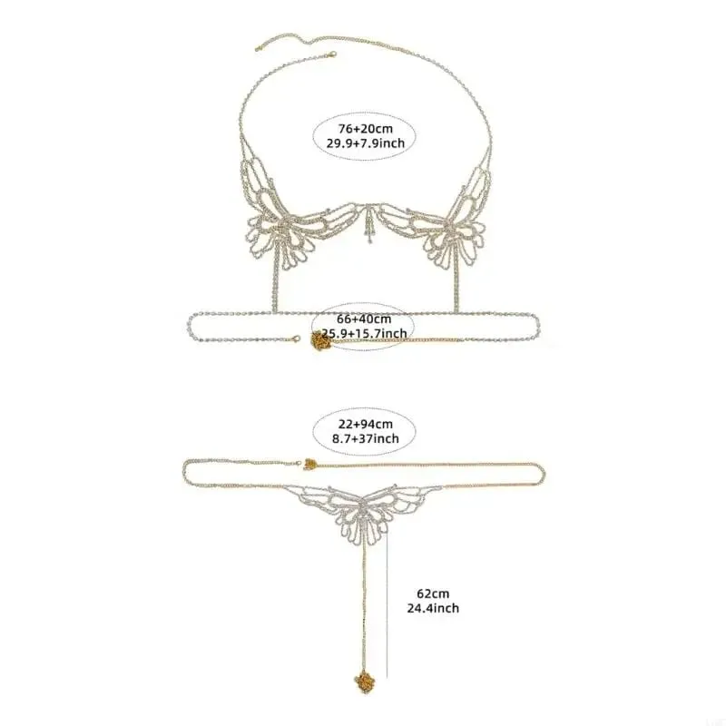 Rhinestones Outfit Body Jewelry Accessory Women's Bra Top and Panties Thong Body Chain Set for Vacation Wear