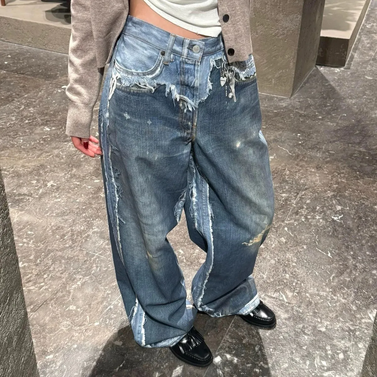 Fake Two Pieces 3D Print Patchwork Baggy Jeans for Men and Women Straight Casual Loose Denim Trousers Oversized