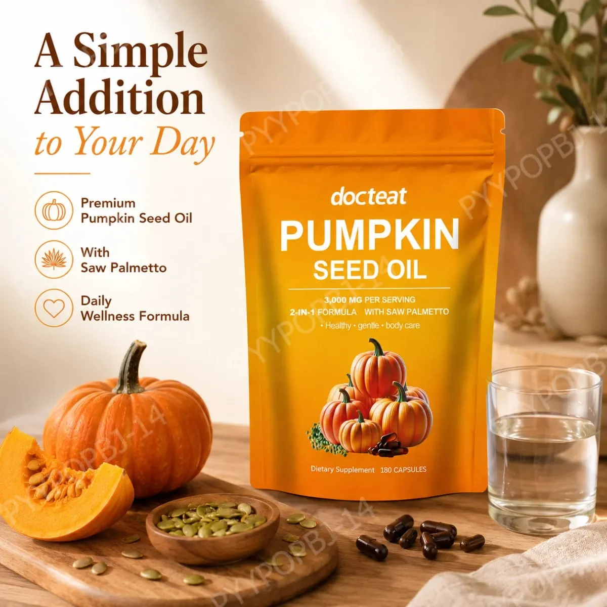 Docteat Pumpkin Seed Oil with Saw Palmetto Capsules 2-in-1 Formula for Prostate and Bladder Function Support 180 Capsules