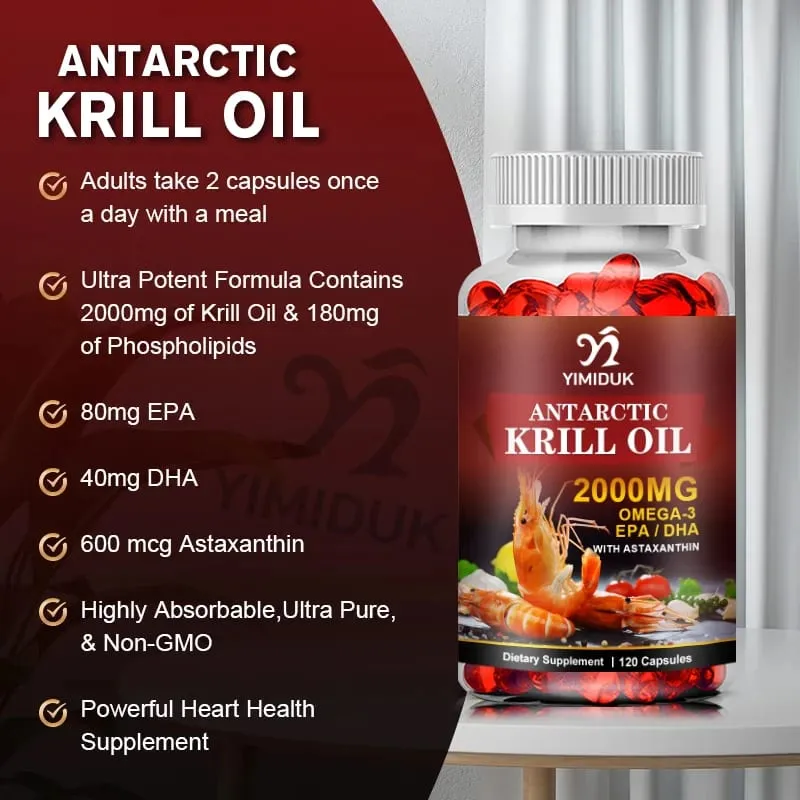 Óleo de Krill Antártico 2000mg 120 Cápsulas Ômega-3 EPA DHA com Suplemento de Astaxantina Proveniente de Força Máxima de Krill Vermelho