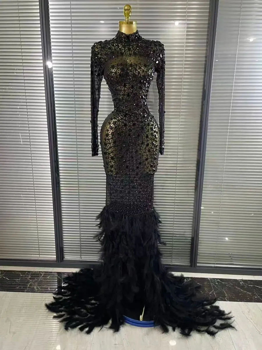 Black Red Women Long Sleeve Sexy Sparkly Crystal Mesh See Through Feathers Floor-length Mermaid Dress Panggabing Party Prom Outfit
