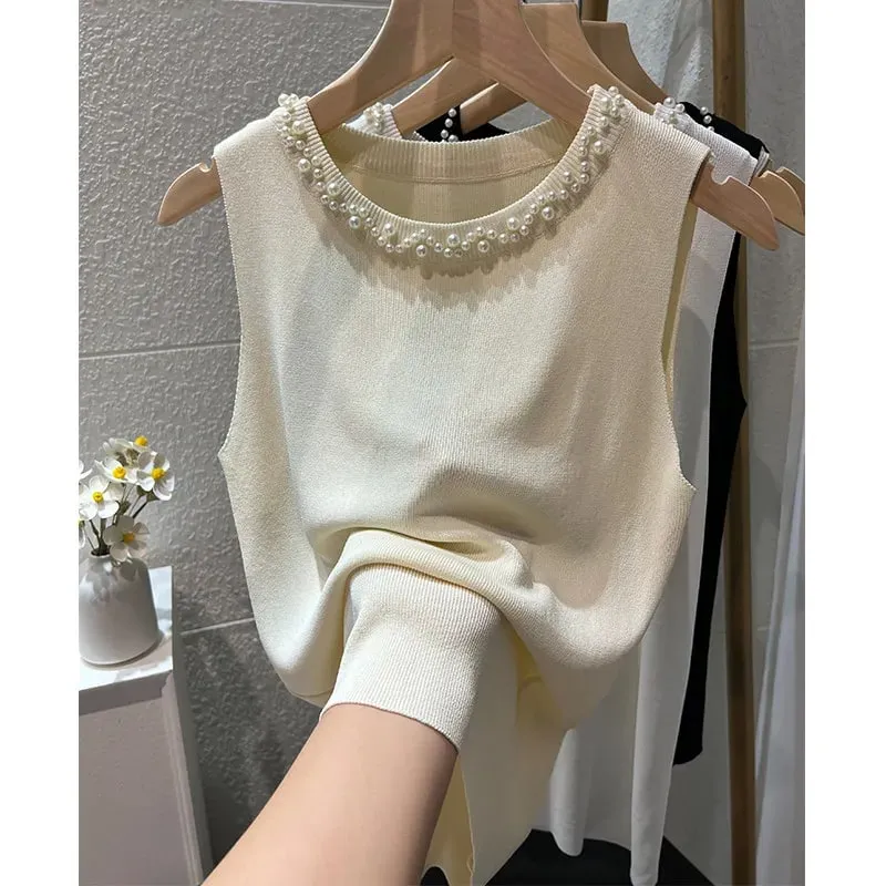 White Women Camisole 2026 New Summer Slim Thin Ice Silk Knit Vest Trendy Beaded Decor O-Neck Sleeveless Tank Top