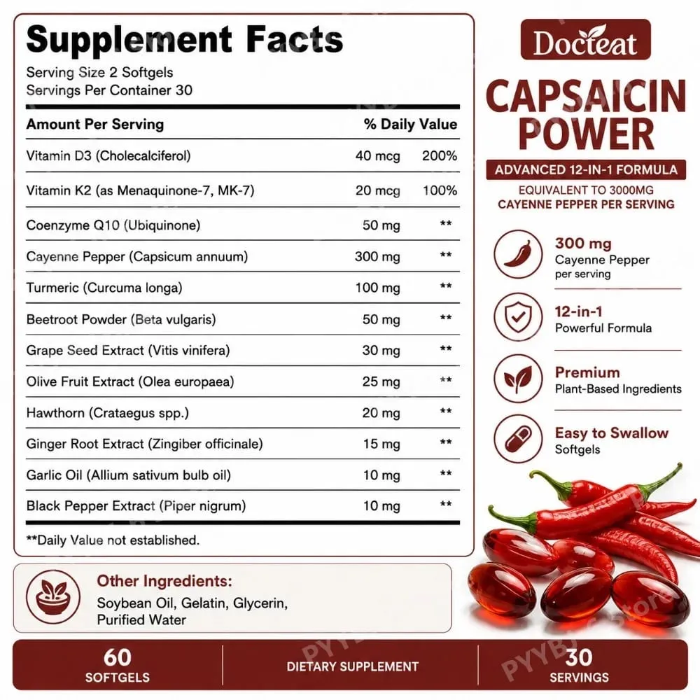 Capsaicin Power 12-in-1 Cayenne Pepper Supplement 60 Softgels Turmeric Beetroot Grape Seed Black Pepper Daily Metabolism Support