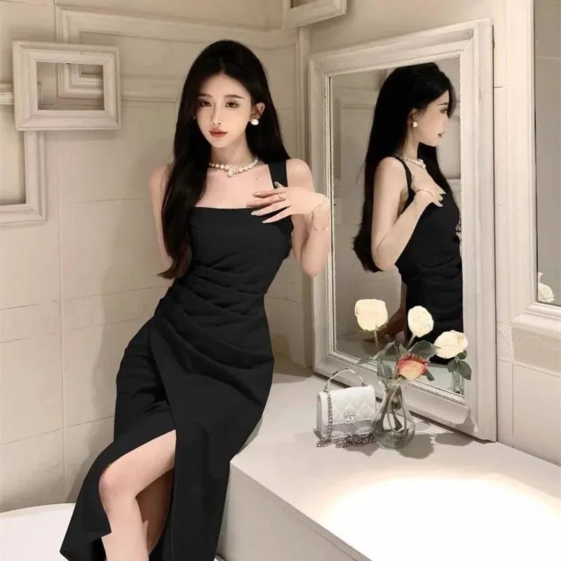 Women Premium Light Green Draped Square Neck Mid Calf Dress Lady Elegant Sleeveless Side Slit Dress Female Summer Concise Dress — image 5