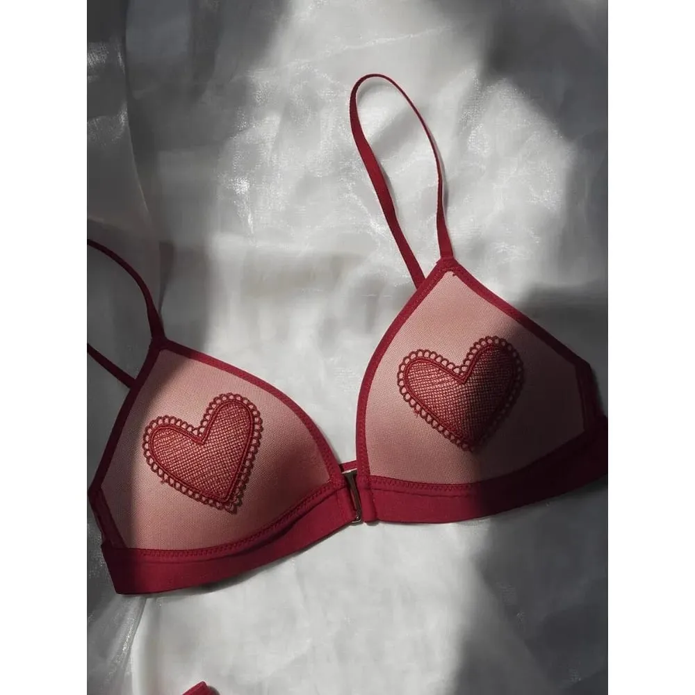 Red Lingerie Set Wireless Front Hook Bra French Triangle Thin Cup Embroidery Bra Set For Festival Soft Comfortable Daily Use