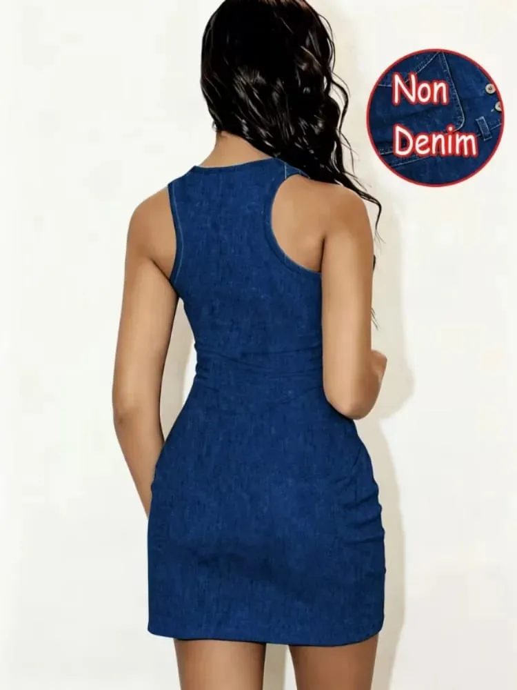 Women’s Spring and Summer Casual Home Wear Tailored Waistcoat with Sleep Dress Faux Denim cartoon Cat Print Sleeveless Sleep