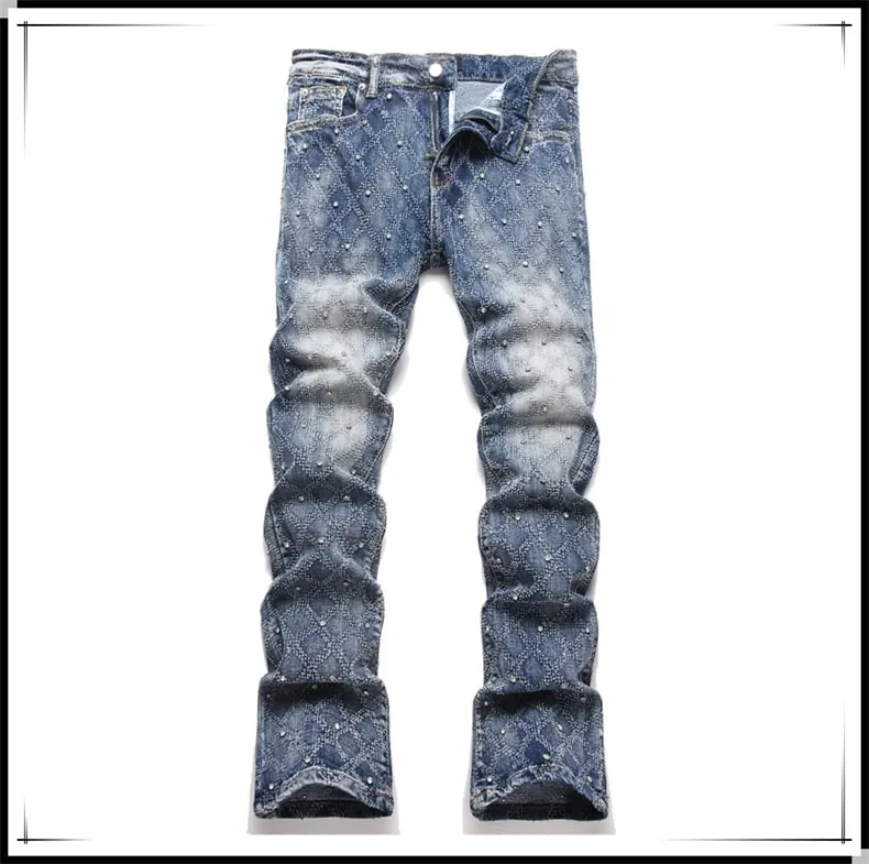 Men's Y2K Hip-hop Jeans American Retro Washed Blue Denim Pants Diamond Pattern Rivets Streetwear Slim Fit Party Male Trousers
