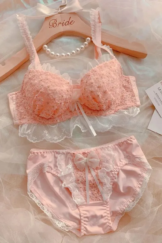 Dámská sada podprsenky a kalhotek Roztomilá krajka s dutou krajkou Spodní prádlo Podprsenka Push Up s vycpaným ocelovým prstenem Pure Sweet Lingerie — image 7
