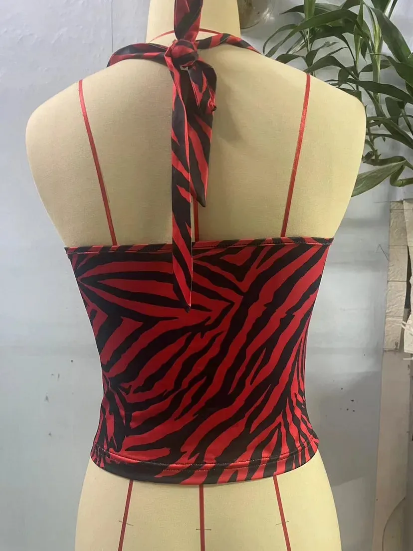 Red Black Stripe Halter Top for Women Sexy Hollow Out Backless Sleeveless Waist Cinched Camisole Summer Vintage Cosplay Costume