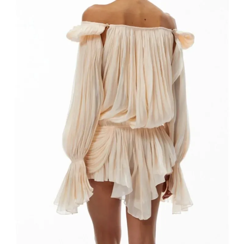 Mini vestido plisado de satén con hombros descubiertos para mujer, moda, manga abombada, cintura ceñida, falda para fiesta de graduación, novedad de primavera 2026