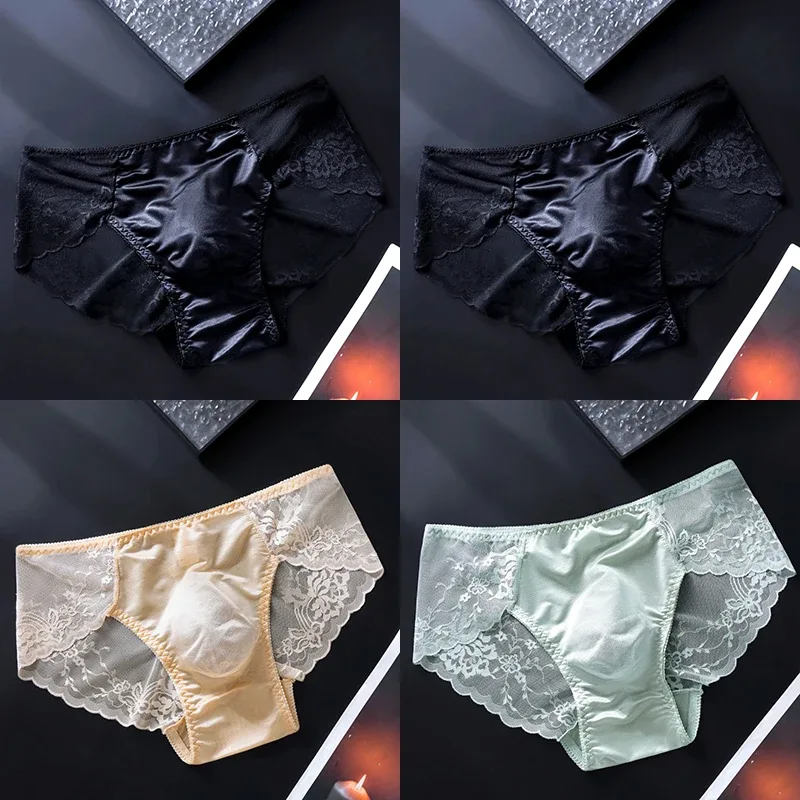4PCS Sexy Transparent Men Lace Briefs Low Waist Thin Hollow Out Triangle Panties Male Seamless Exquisite Breathable Underwear