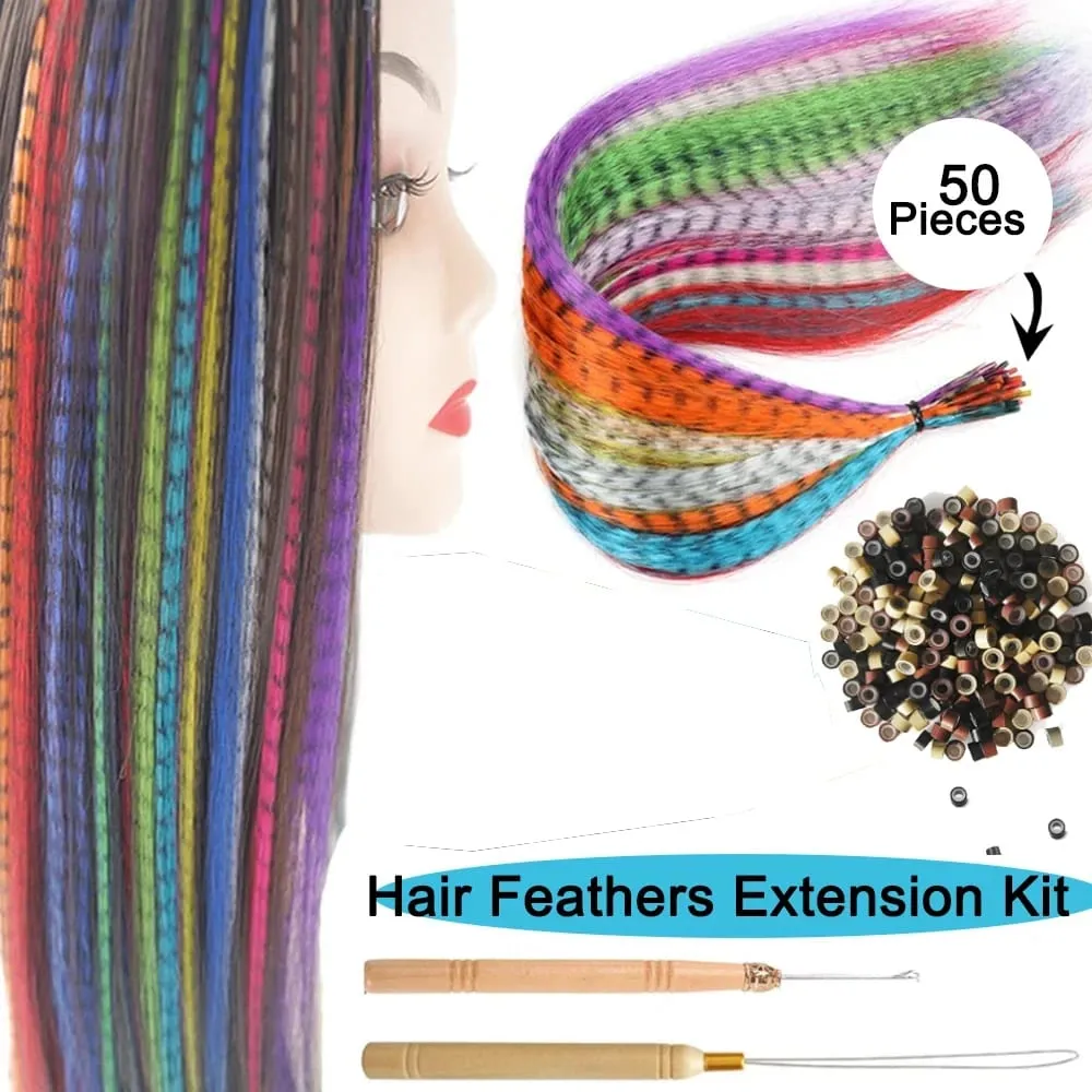 50 Pcs Hair Feathers with Hair Extension Tools Long Straight Synthetic Hair Feather Extensions Kit with Beads for Women Girls