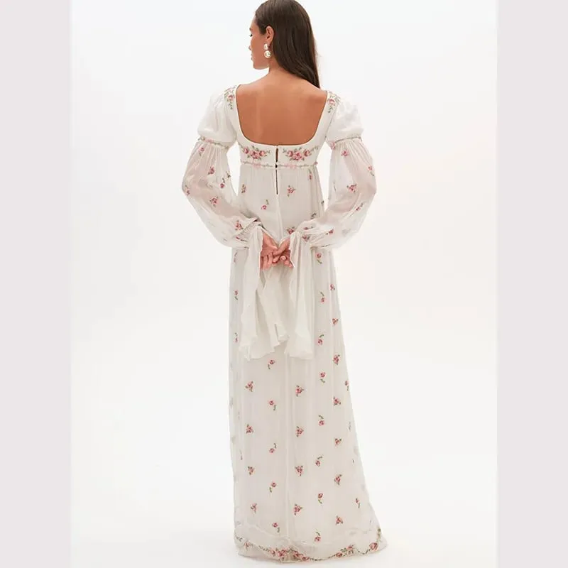 Cottagecore Floral Maxi Dress Women's Square Neck Long Puff Sleeve Empire Waist Chiffon Flowy Vintage Boho Wedding Guest Dress