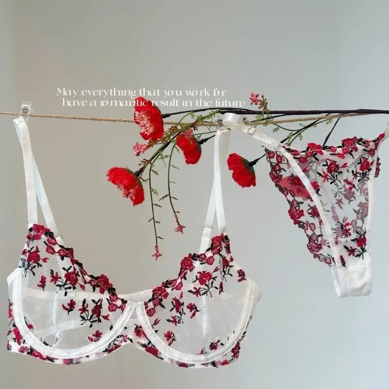 New Women Sexy Mesh Bras Suit Sweet Female French Floral Embroidery Underwear Sets Transparent Mesh Bra Panties 2Piece Lingerie