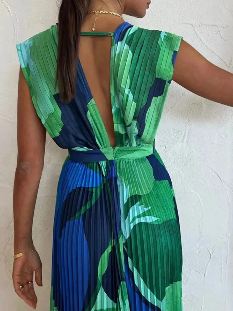 Freeacy Women's Printed Summer Dress Deep V-neck Sleeveless High Waist Pleated Midi Dress Female High Street Elegant Dresses