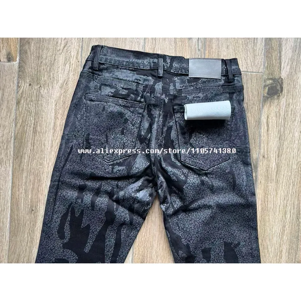 Men's High Street American Fashion Distressed Black Crackle Paint Foil Stretch Skinny Button Fly Ripped Jeans Pants