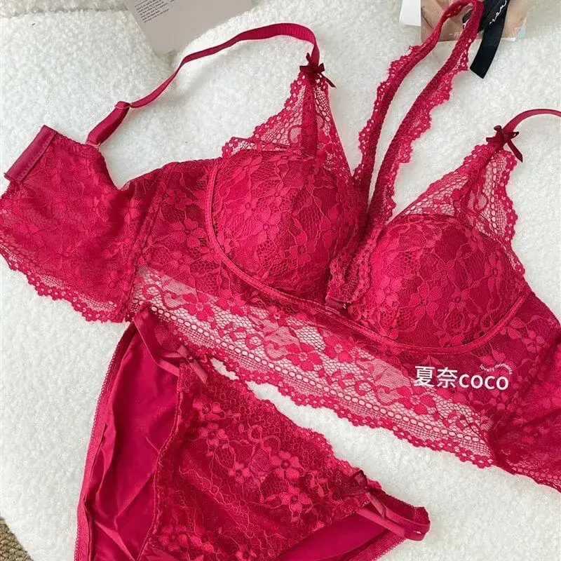 French Lace Wide Strap Thick Top Inner Lace Layer No Underwire Bra Set Petite Women Small Bust Comfort Lingerie Set 32-38 S-XL