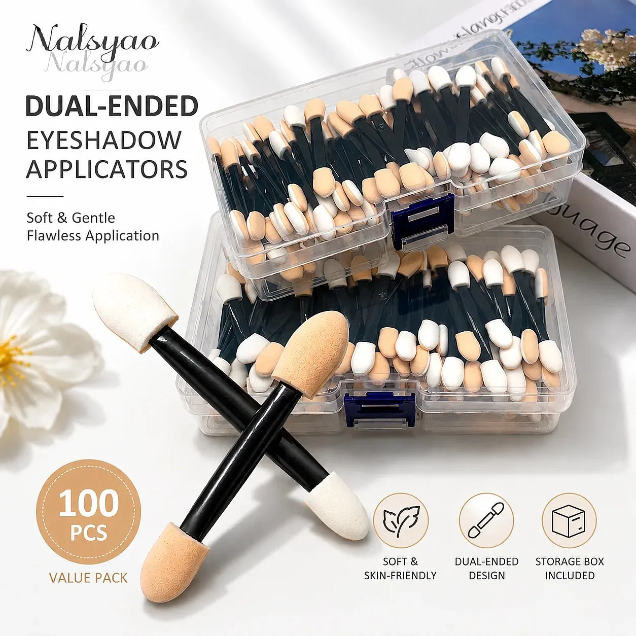 50/100/200PCS Εφαρμογές σκιάς ματιών με σφουγγαράκι διπλής όψης με δοχείο – Εργαλείο βουρτσών μακιγιάζ μιας χρήσης με μακριά λαβή — image 3