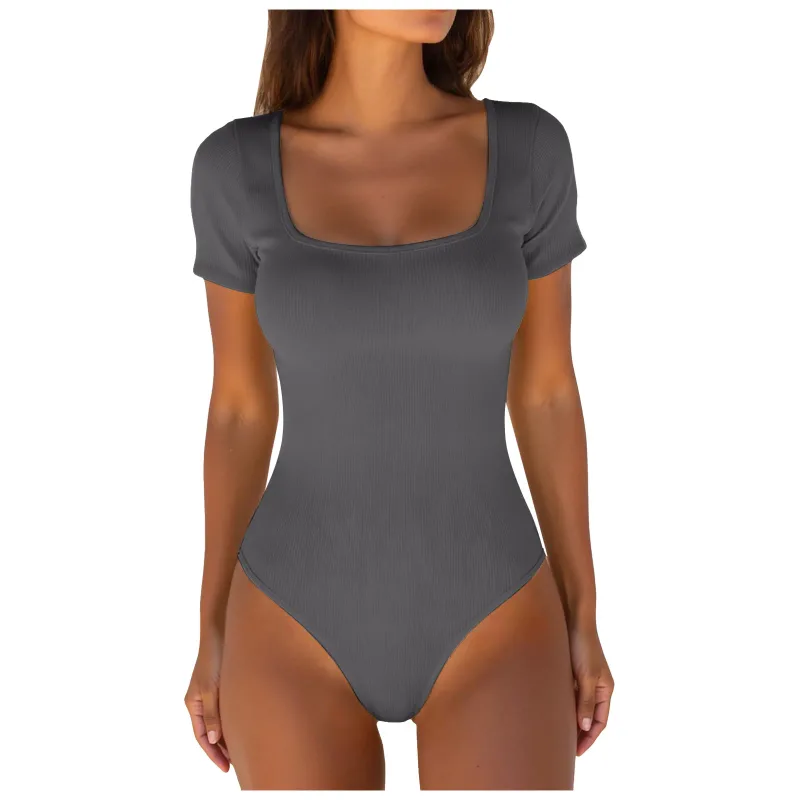 Sexy Bodysuits One-Piece Ribbed Square Neck Short Sleeve Bodysuits Women's Tummy Control Knitted Bottoming Tops Body Shaper