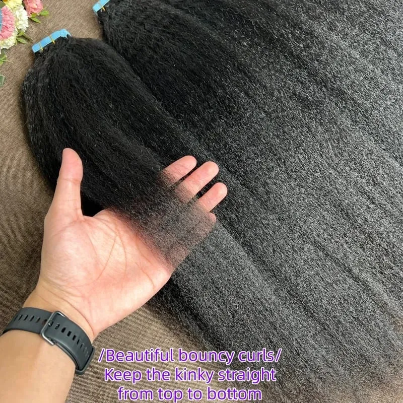 Tape In Kinky Straight Human Hair Extensions Brazilian Hair Adhesive Extensions Skin Weft Black 100% Human Hair 100grams