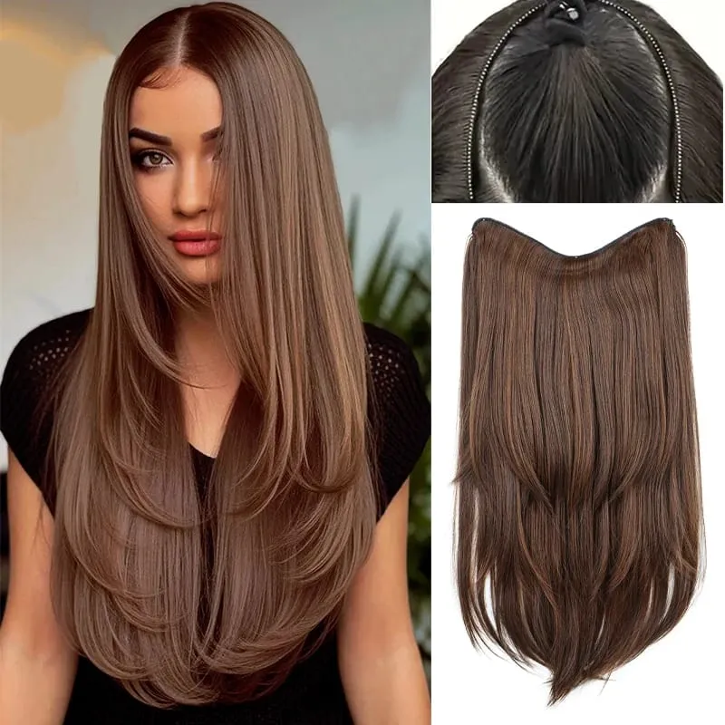 22Inch Synthetic V-Shaped Long Straight Layered Hair Extension Fluffy Increase Natural Invisible Hairpiece Wig for Women