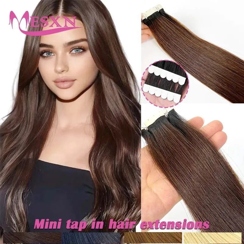 Mini Tape In Human Hair Extensions Real Natural Hair Extension Straight 16"-26" Black Brown Blonde Invisible Tape In For Salon