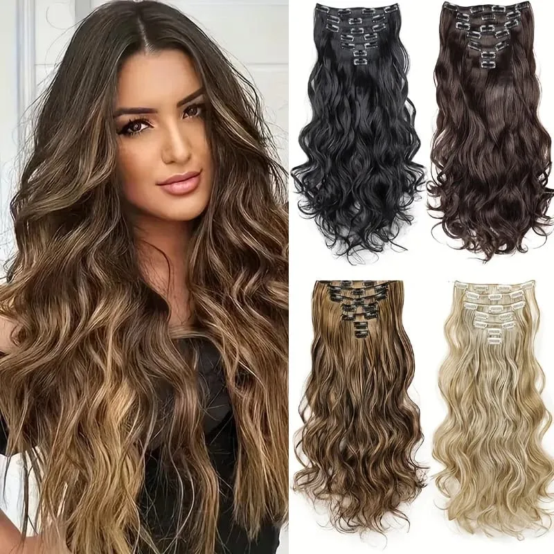 7pcs/set 24 Inch Synthetic Long Curly Wavy Hair Extensions 16 Clips In Hairpieces Synthetic Fiber Wave Hair Extensions for Women