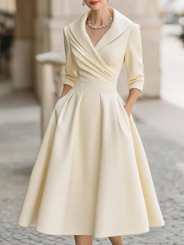 Women's Vintage V Neck Long Sleeve Wrap Waist A Line Midi Dress with Pockets