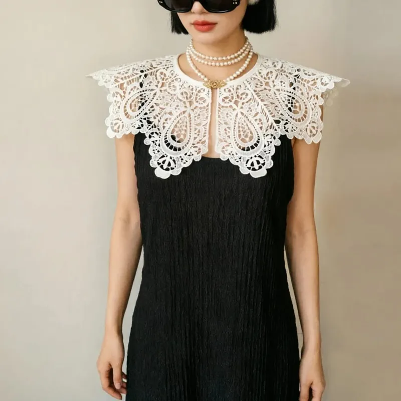 Pleated Sleeveless Elastic Long Dresses Women Vintage Palace Style Womens Black White Doll Fake Collar Soft Midi Dress Clothing