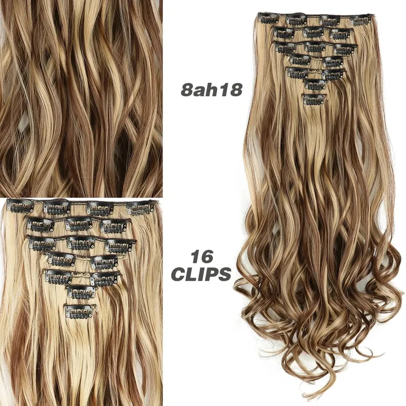 Synthetic 7Pcs/Set 22" Wavy Hairpiece Straight 16 Clips Hair Extensions Heat Resistant Styling False Hair