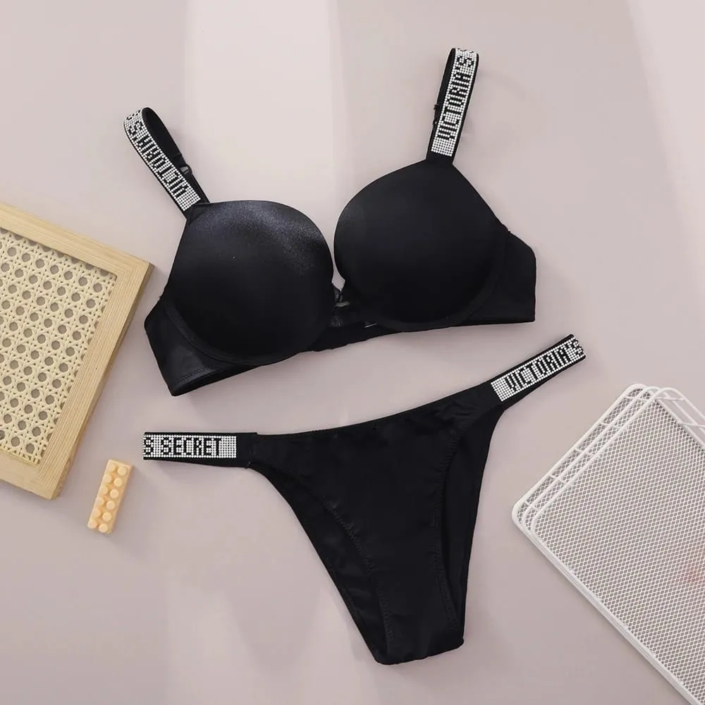 Victoria Secret Hot Sexy Lingerie Set Very Sexy Logo Shine Strap Push Up Bra With Shine Script Thong Panty