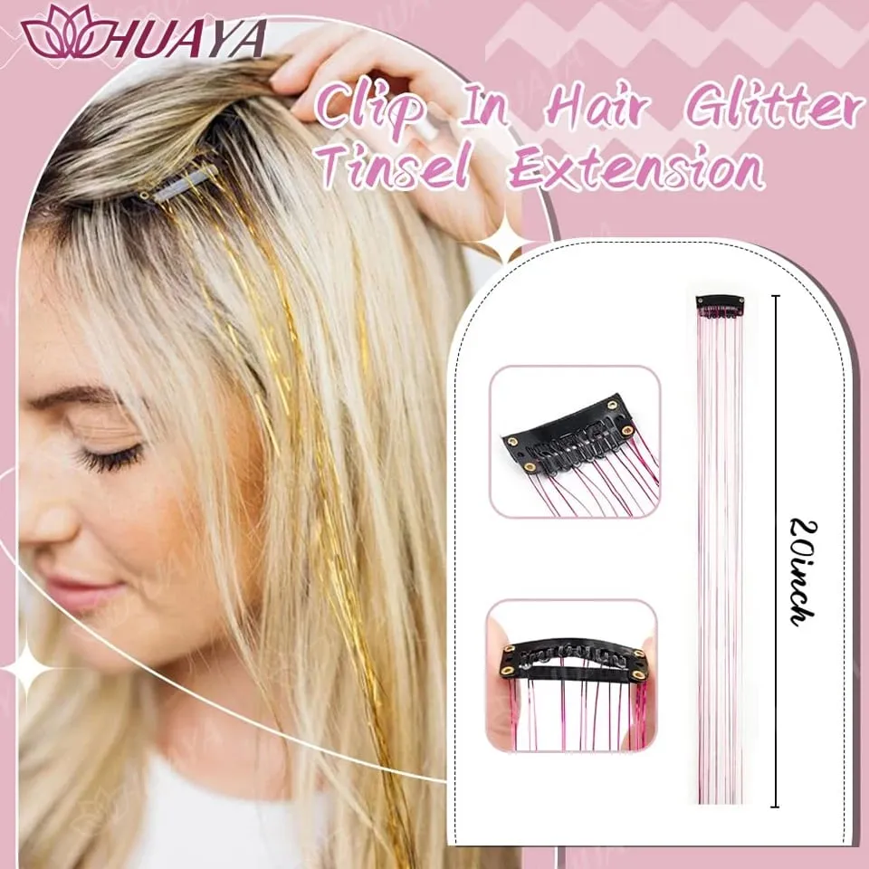 12Pcs/set Hair Tinsel Clip in Glitter Tinsel Hair Extensions Synthetic Shiny Sparkling Fairy Hair Tinsel Party Hair Accessories