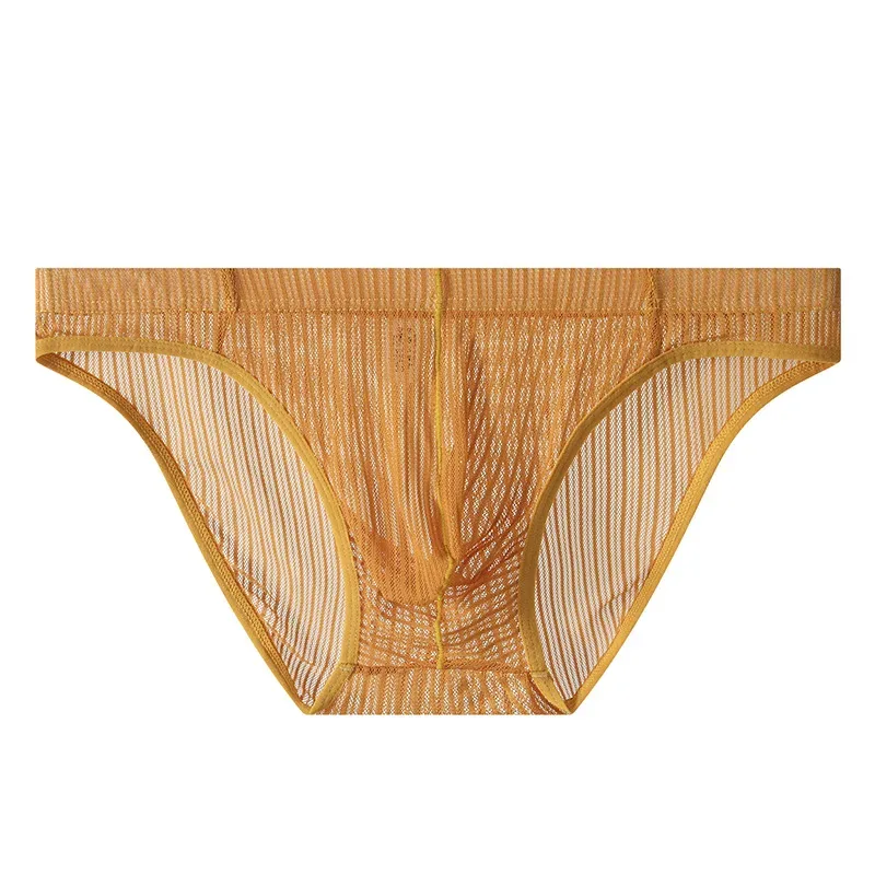 Men Briefs Stripe Mesh Ice Silk Underwear Ultra-Thin Bikini Breathable Translucent U Convex Pouch Exotic Lingerie String Homme