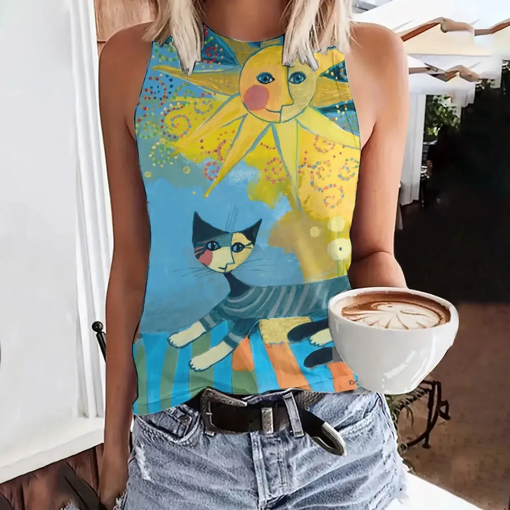 Débardeur d'été imprimé visage drôle de chat en 3D pour femmes, Streetwear à la mode, surdimensionné, col rond, gilet, épaules dénudées, sans manches, Camisole