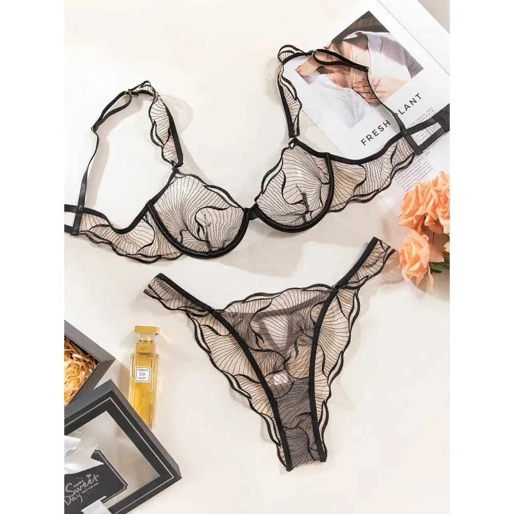 セクシーな Women French Hollow Lace Bra Set Floral Embroidery Ultra Thin Cup Minimizer Brassiere Stretchy Daily Lingerie 32 to 38