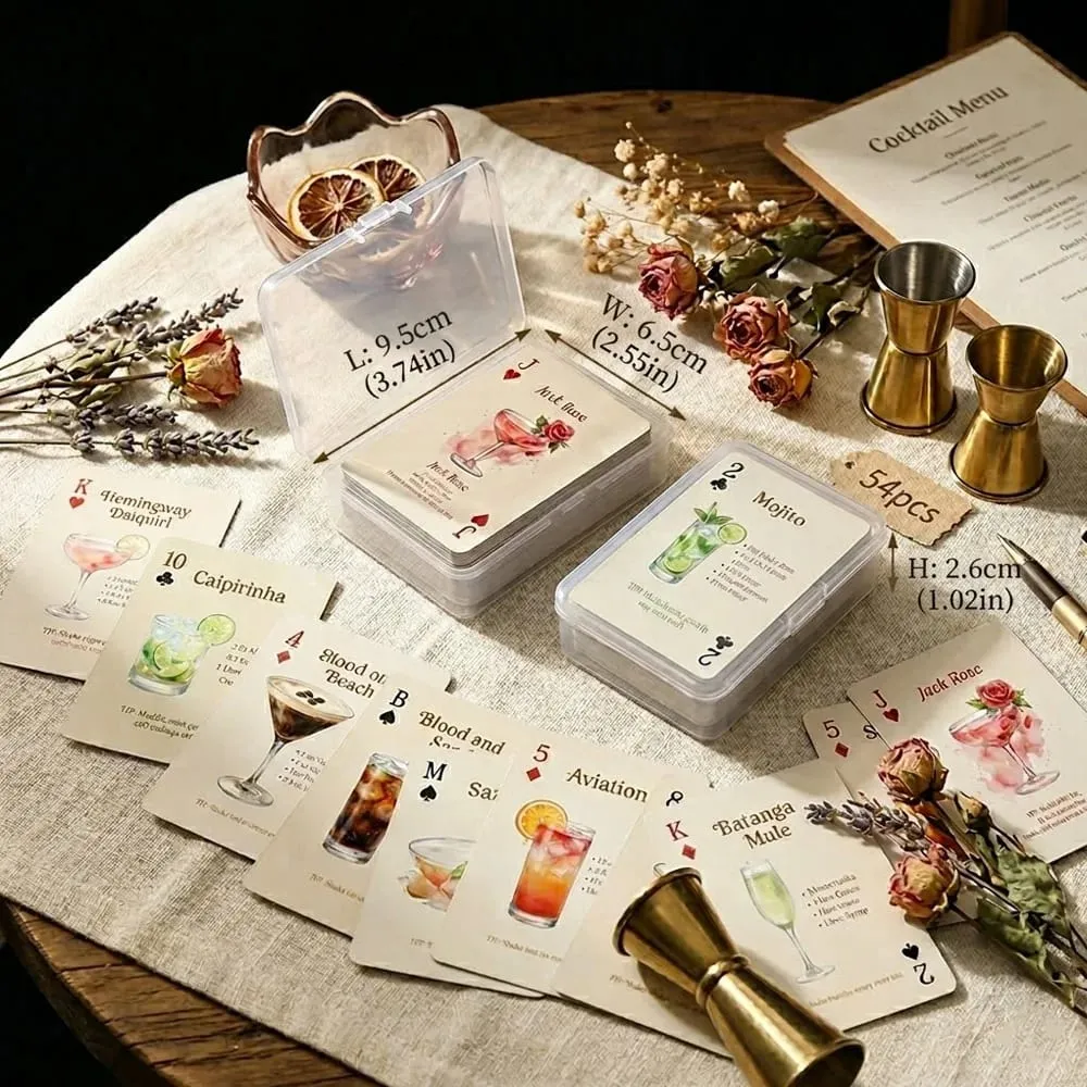 54-Card Deck of Original Cocktail Recipes Bartender's Guide Party Playing Cards Home Bar Decor Drinking Game with Storage Box