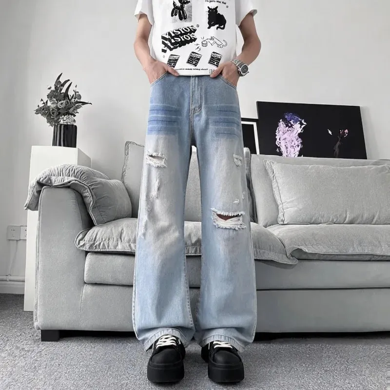 Summer Men's Distressed Denim Pants 2026 New Gray Washed Ripped Loose Straight Leg Casual Streetwear Jeans