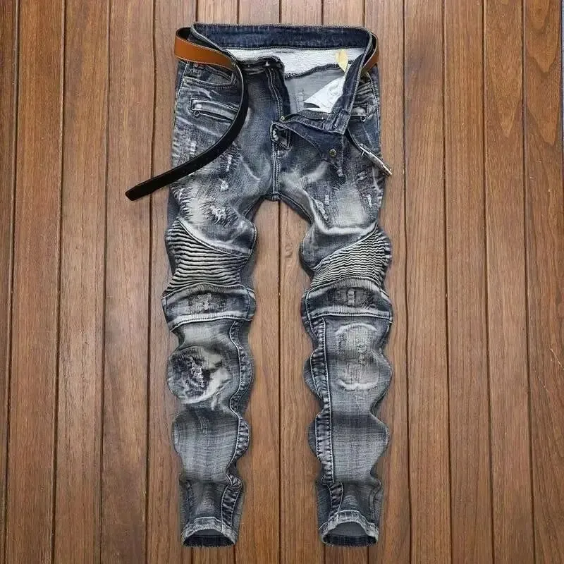 Spring and Autumn 2026 Men's Ripped Jeans Men's Trendy Brand Retro Old Splicing Slim Pants Korean Beggar Motorcycle Pants Men