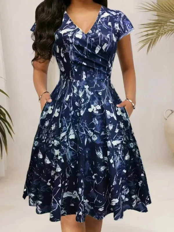 Elegant Floral Printed V-Neck Mid-Length Pocket Dress Polyester Blends for Spring Summer Autumn Three Season Women's Dress