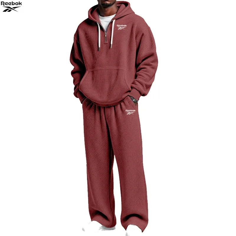 2026 Reebok Brand Spring-Autumn Men's Hooded Sweatshirt Set - Retro Solid Color Loose Fit Street Style Half-Zip Hooded Shirt - C