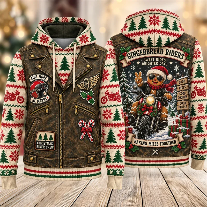 Christmas Biker Hoodie 3D Print Santa Reindeer Gingerbread Rider Faux Leather Vest Holiday Pullover Winter Streetwear Gift