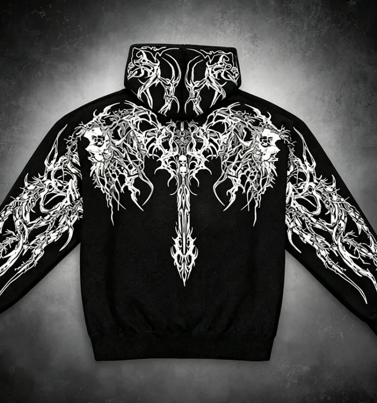 Men Alt Gothic Pullover Hoodie Y2k High Street American Style Dark Thorn Print Fleece Lined Loose Biker Fall Winter Sweatshirt