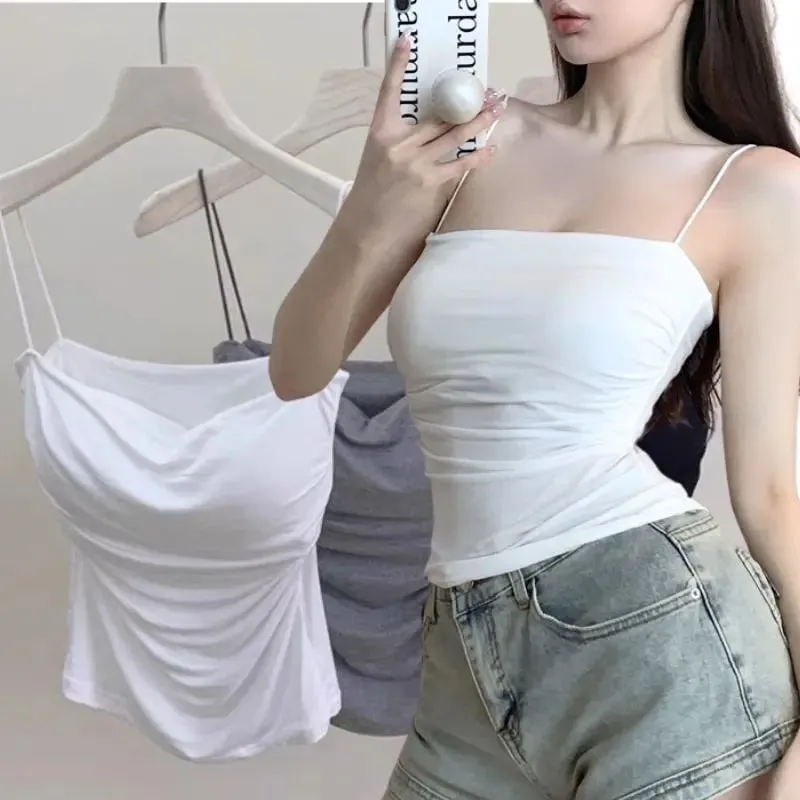 Summer Korean Women Spaghetti Strap Crop Top With Bra Bodycon Sleeveless Cami Tube Top Basic Camisoles Y2K Sexy Tank Tops