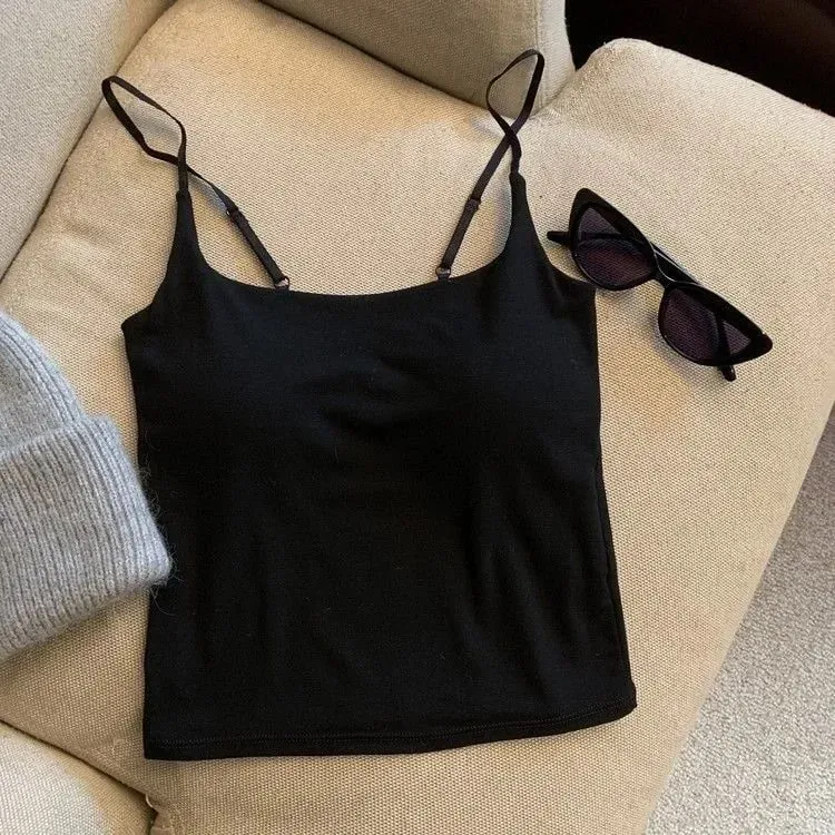Slimming Summer Outerwear Inner Wear Camisole Tank Top Women Simple Sling Strap Vest With Chest Pad For Girls