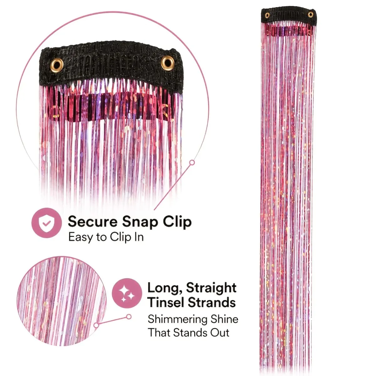 4pcs Clip-In Hair Tinsel Extensions Sparkly Holographic Glitter Hair Strands with Snap Clips Reusable Easy-To-Wear Hair