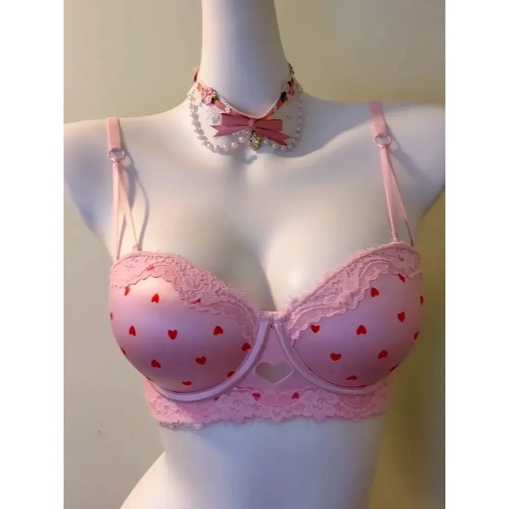 Sweet Girl Heart Lace Lingerie Set Push Up Bra For Small Bust Side Support Anti Sag Underwire Bra Briefs Soft Daily Wear 32-38AB