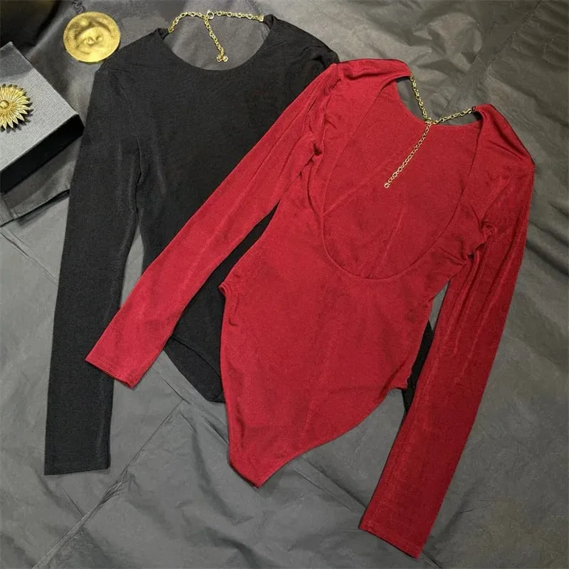 women's bodysuit New elastic knitted slim fit women's long sleeved top for autumn 2026 Sexy backless women's corset y2k T-shirt
