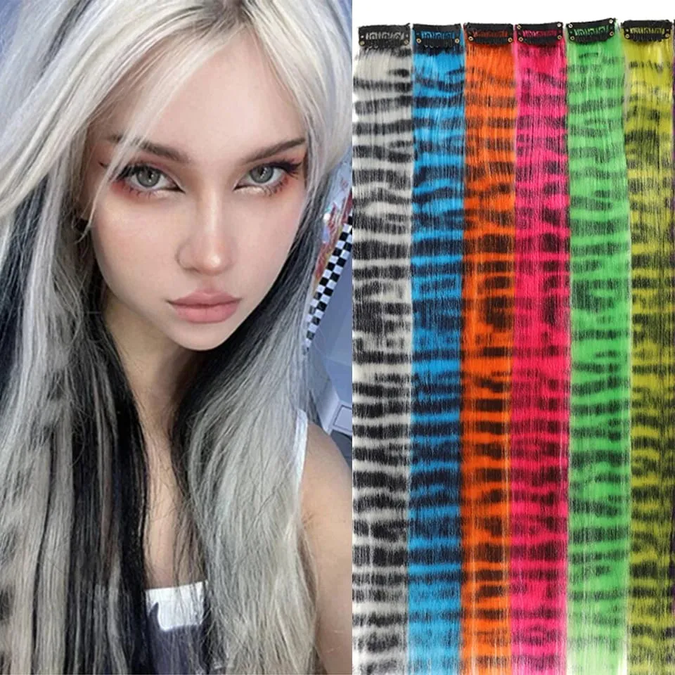 1pc/set Stripe Printed Hair Colorful Long Straight Hair Pieces Synthetic Clip-in Hair Extensions for Daily Use Party Halloween